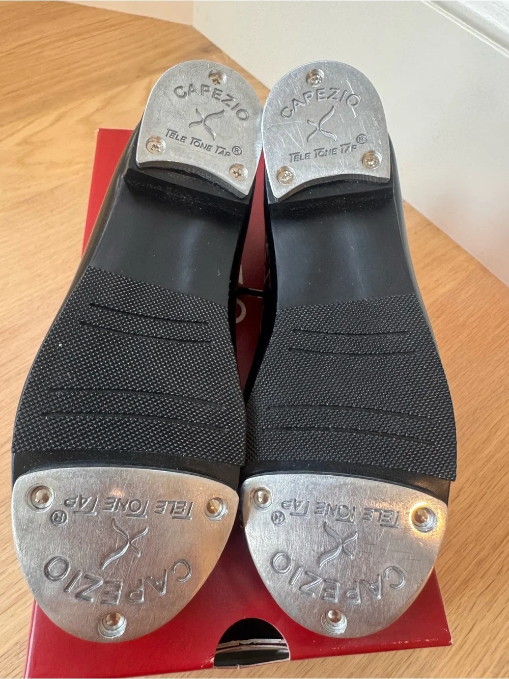 Capezio Black Patent Tap Shoes with Ribbon and snap closure -size 12.5